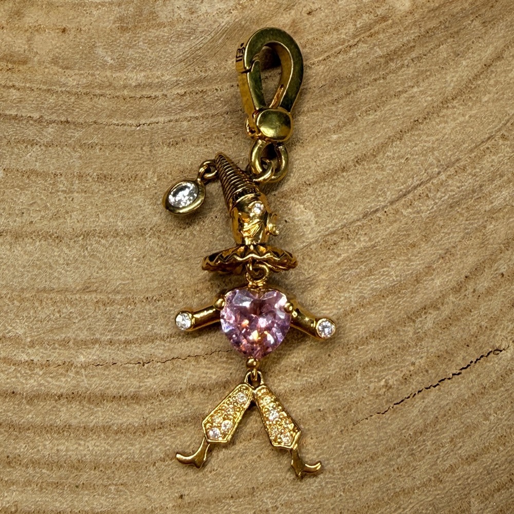Juicy Couture Gold Tone Pink Heart Clown Jester Charm Rhinestone Pave Pendant